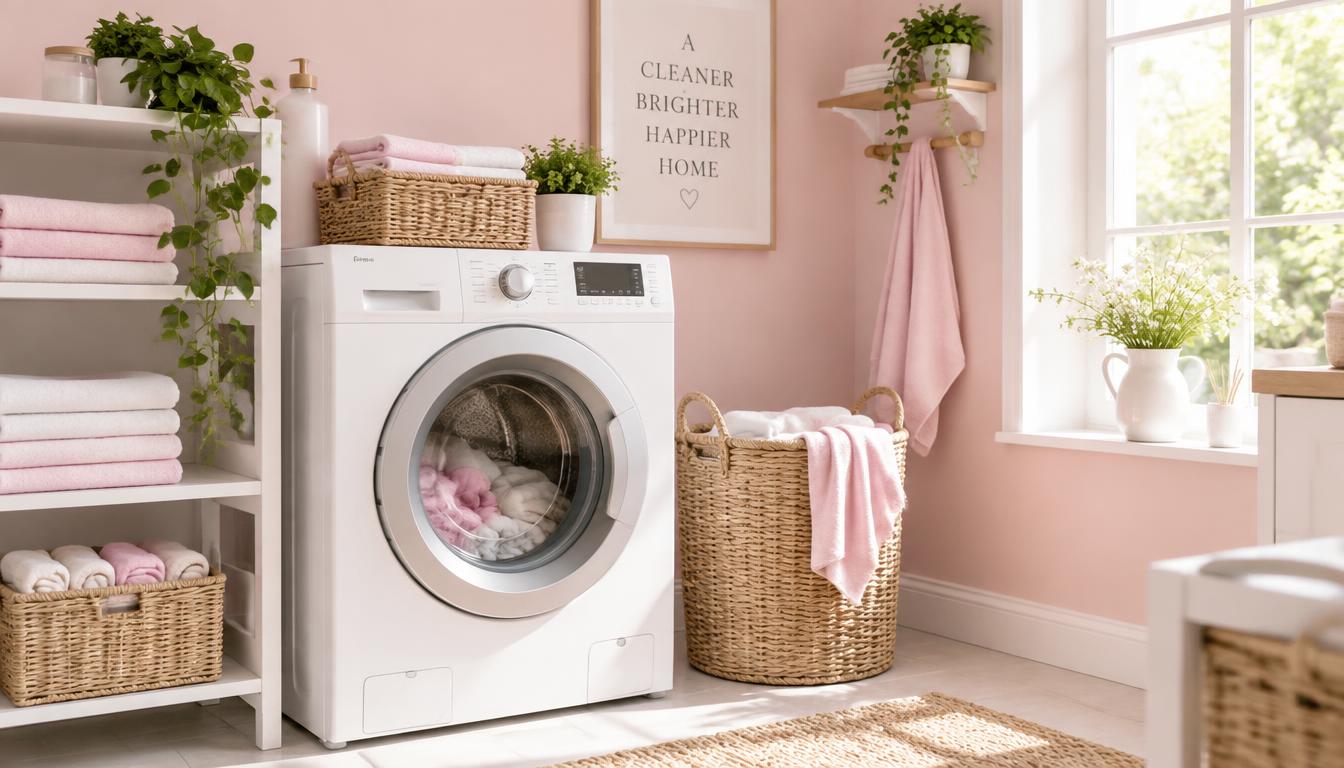 Bright laundry room with soft pink walls, folded towels, and a washing machine
